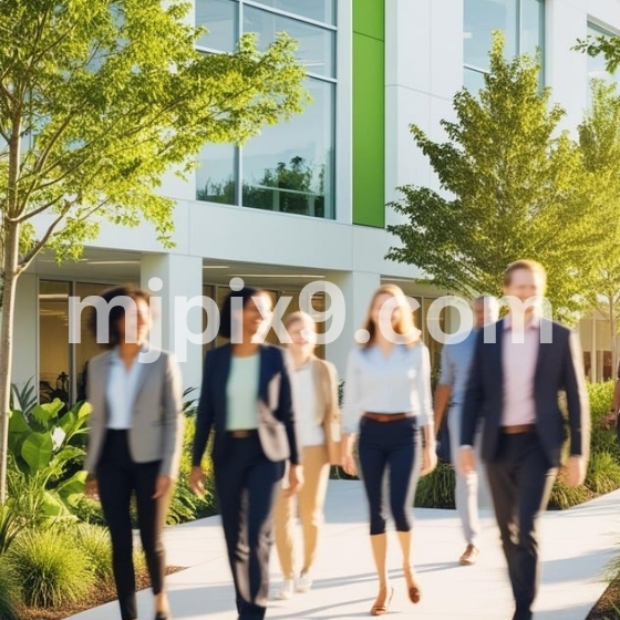 people walking in a modern office building with green trees and sunlight , eco friendly concept