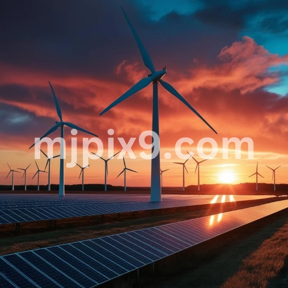 Wind turbines and solar panels on grassy hills Images Pictures Free Download HD Green Energy